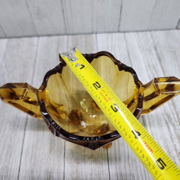 Vintage MCM Amber Pressed Glass Footed Crown Top Dish Bowl with Two Handle - Picture 9 of 9